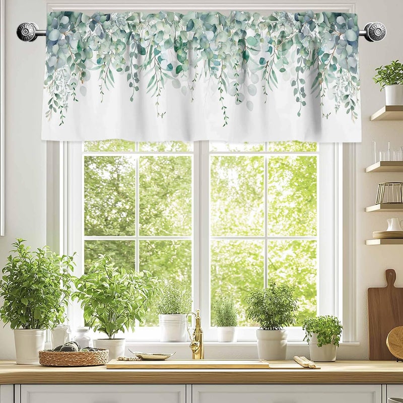 TweetyBed Curtain Valance for Windows Green Eucalyptus Rod Pocket Valance Window Treatments 1 Panel Watercolor Leaves Short Curtains for Kitchen Windows Bathroom Bedroom 54x18in - Image 2